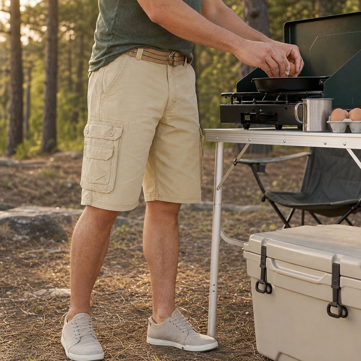 Buff cargo shorts at a camp breakfast