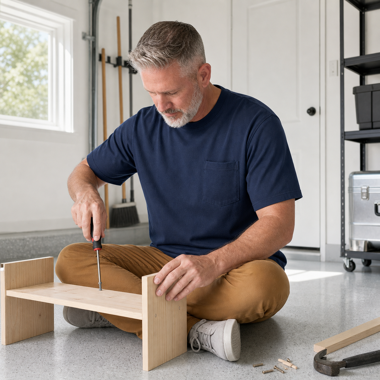 Navy pocket T-shirt while assembling a shelf