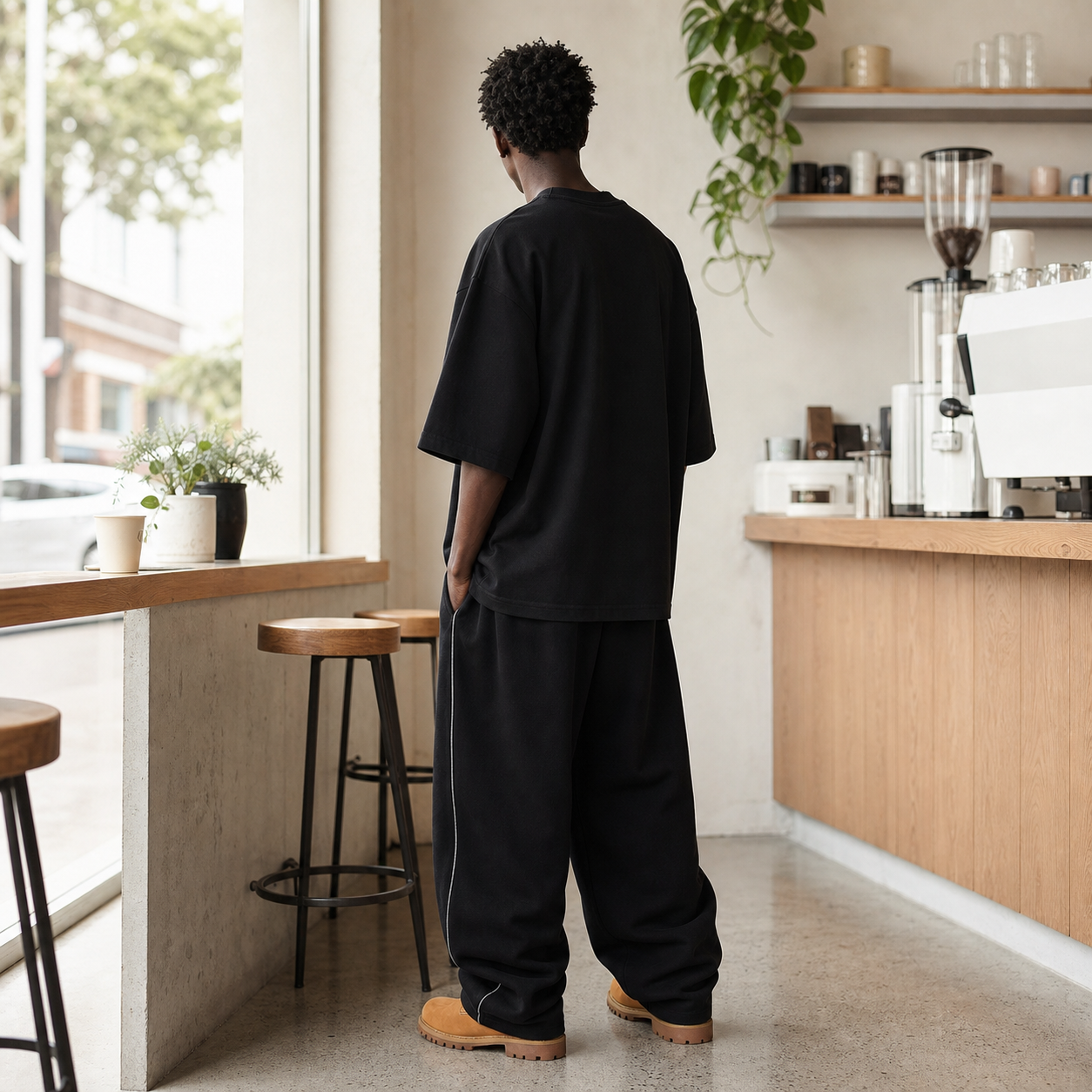 Black heavyweight oversized cotton T-shirt at a coffee shop