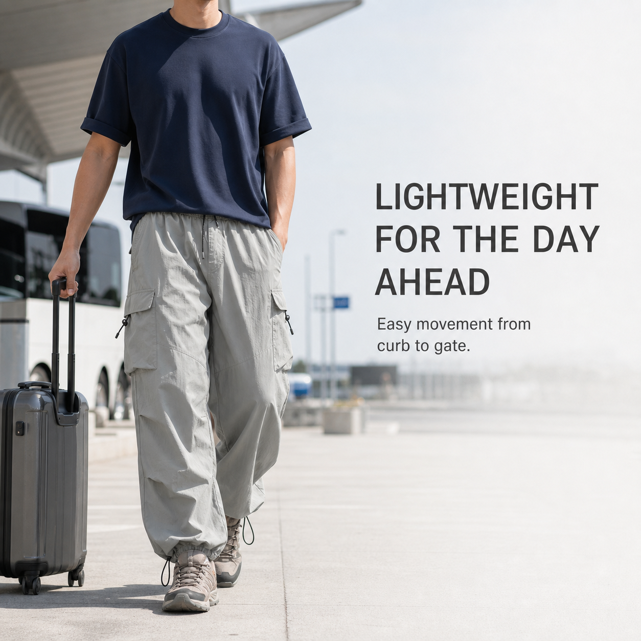 Lightweight parachute cargo pants worn during a natural daytime commute