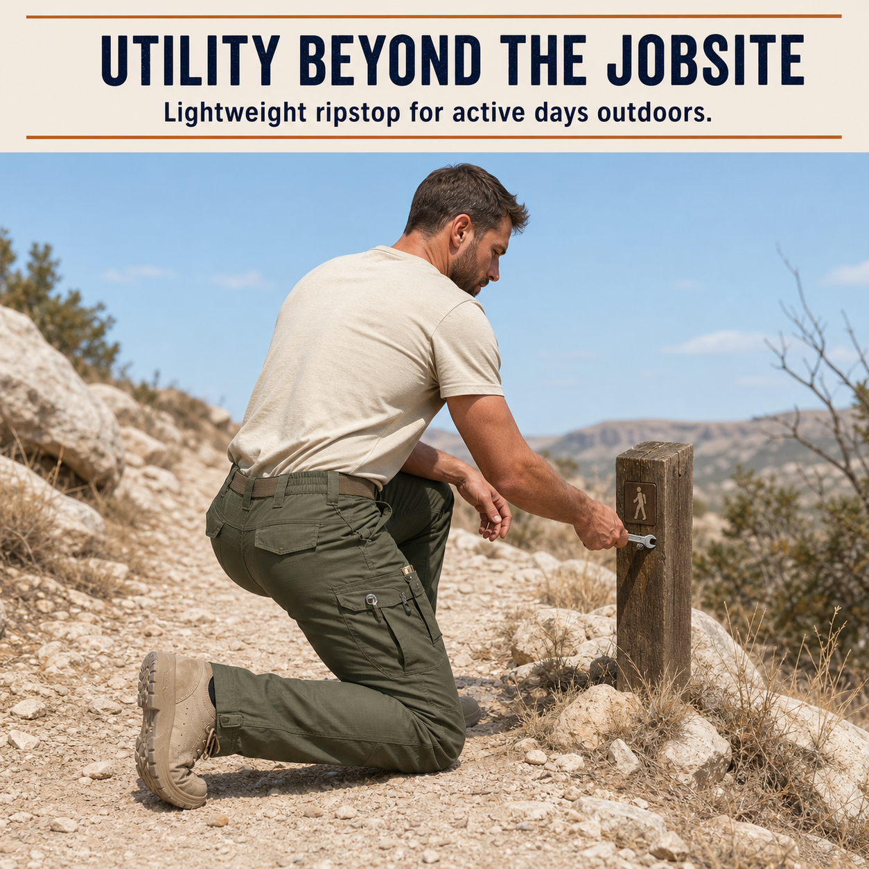 10-pocket tactical work pants worn in an outdoor utility setting