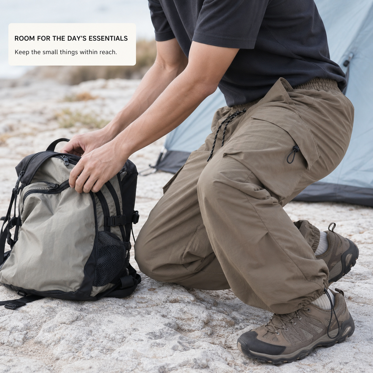 Parachute cargo pants worn during a relaxed outdoor moment