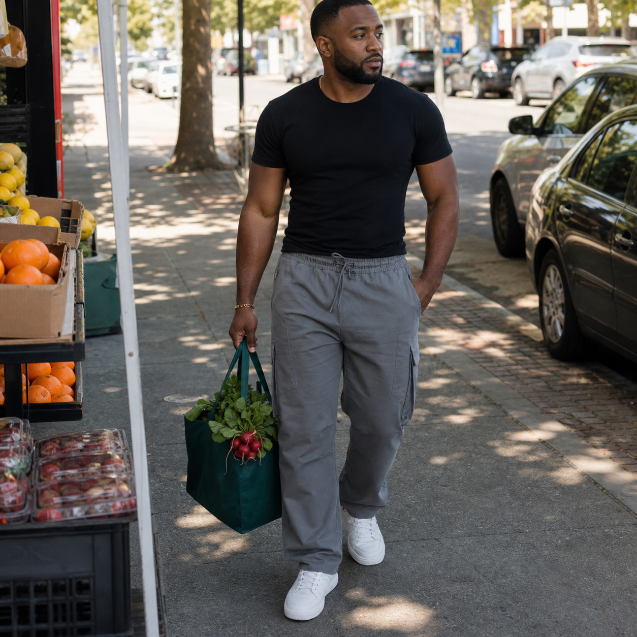 Shadow Gray cargo pants on a warm weekend walk