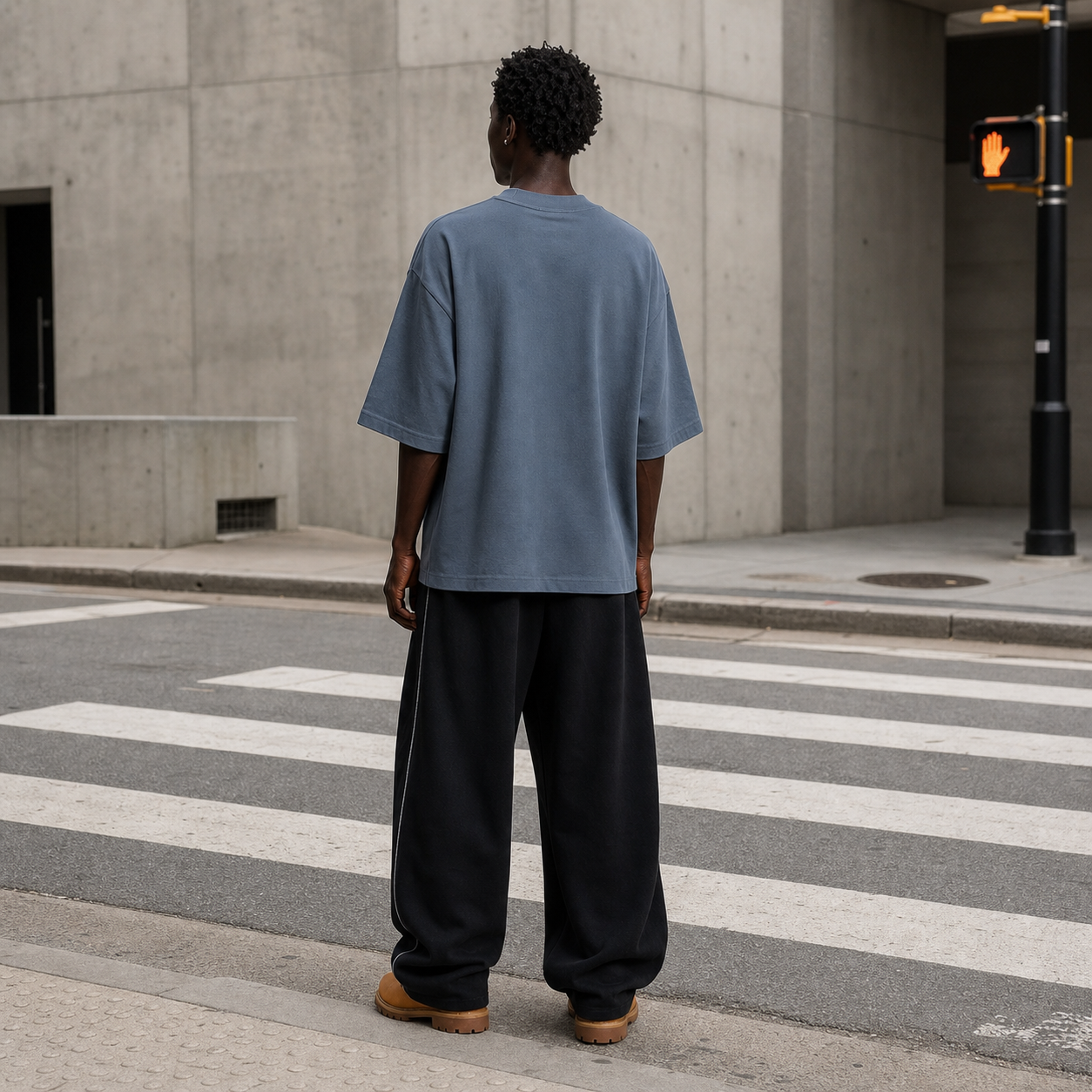 Slate Blue heavyweight oversized cotton T-shirt on a city commute