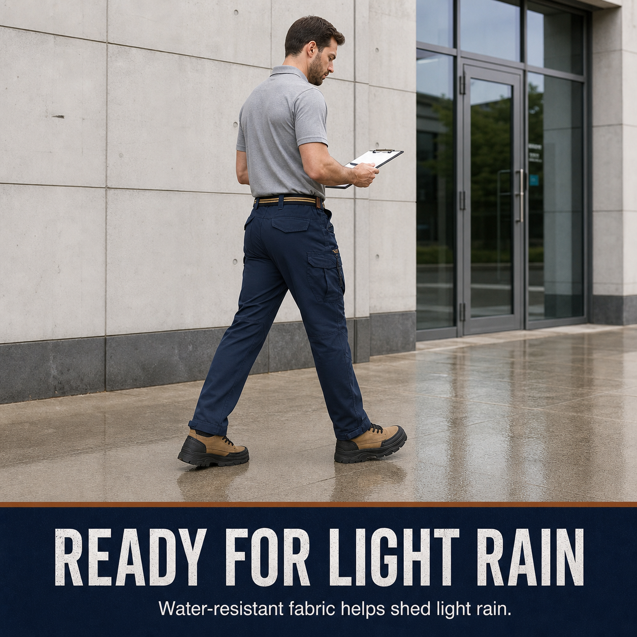 Water-resistant tactical work pants worn in light rain