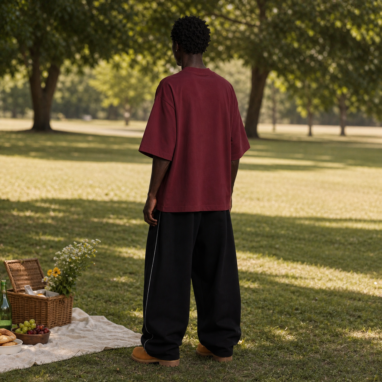 Deep Burgundy heavyweight oversized cotton T-shirt for a weekend park outing