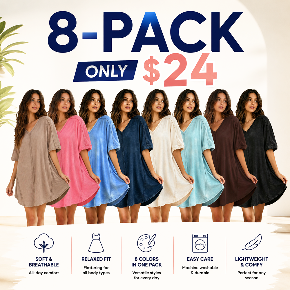 Mixed 8-pack women's ribbed acid-wash V-neck mini dresses
