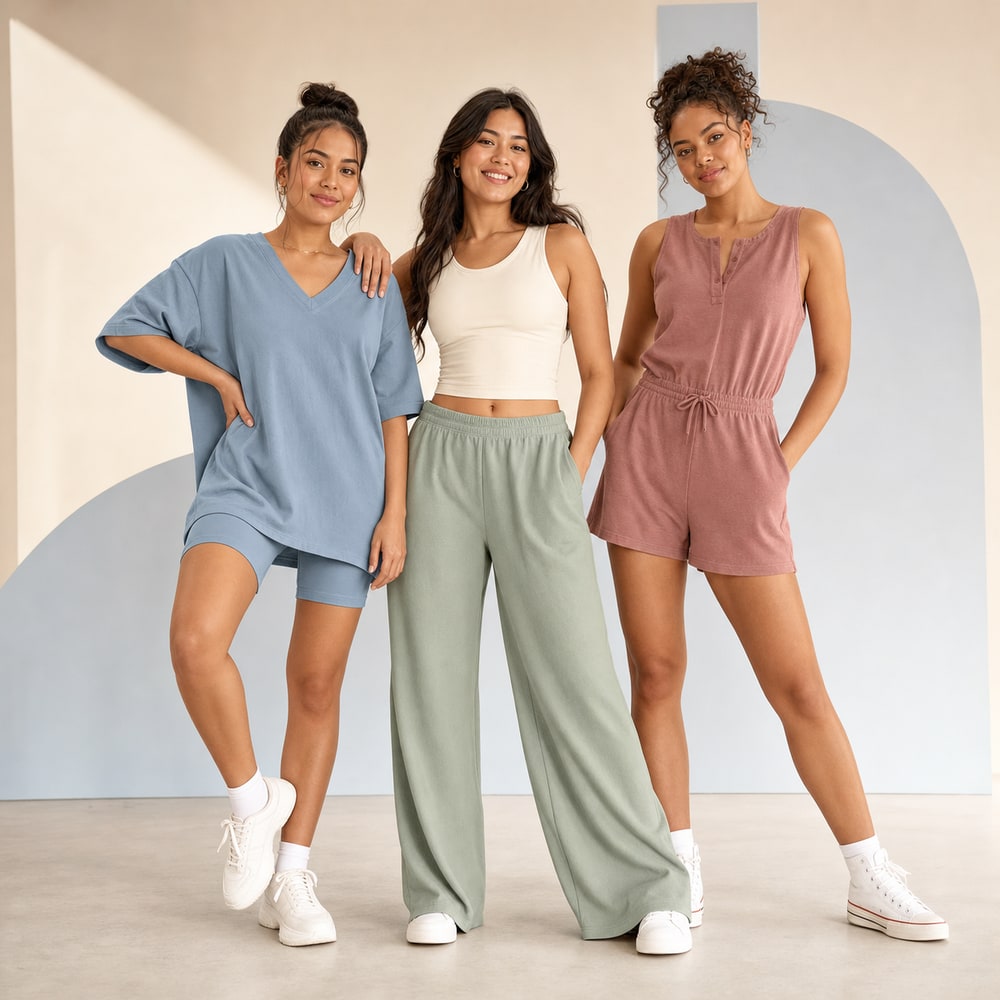 Women's collection featuring lounge sets, wide-leg pants and rompers