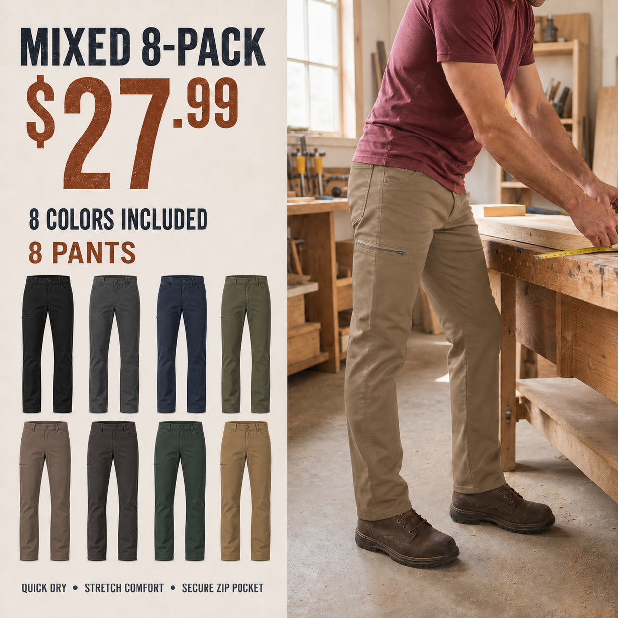 Men's Quick-Dry Stretch Utility Pants Multipack – Straight Leg Outdoor Work Pants