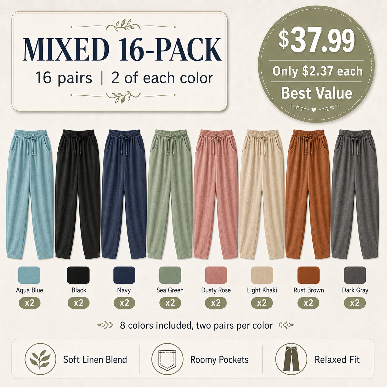Mixed 16-Pack linen blend wide leg palazzo pants bundle
