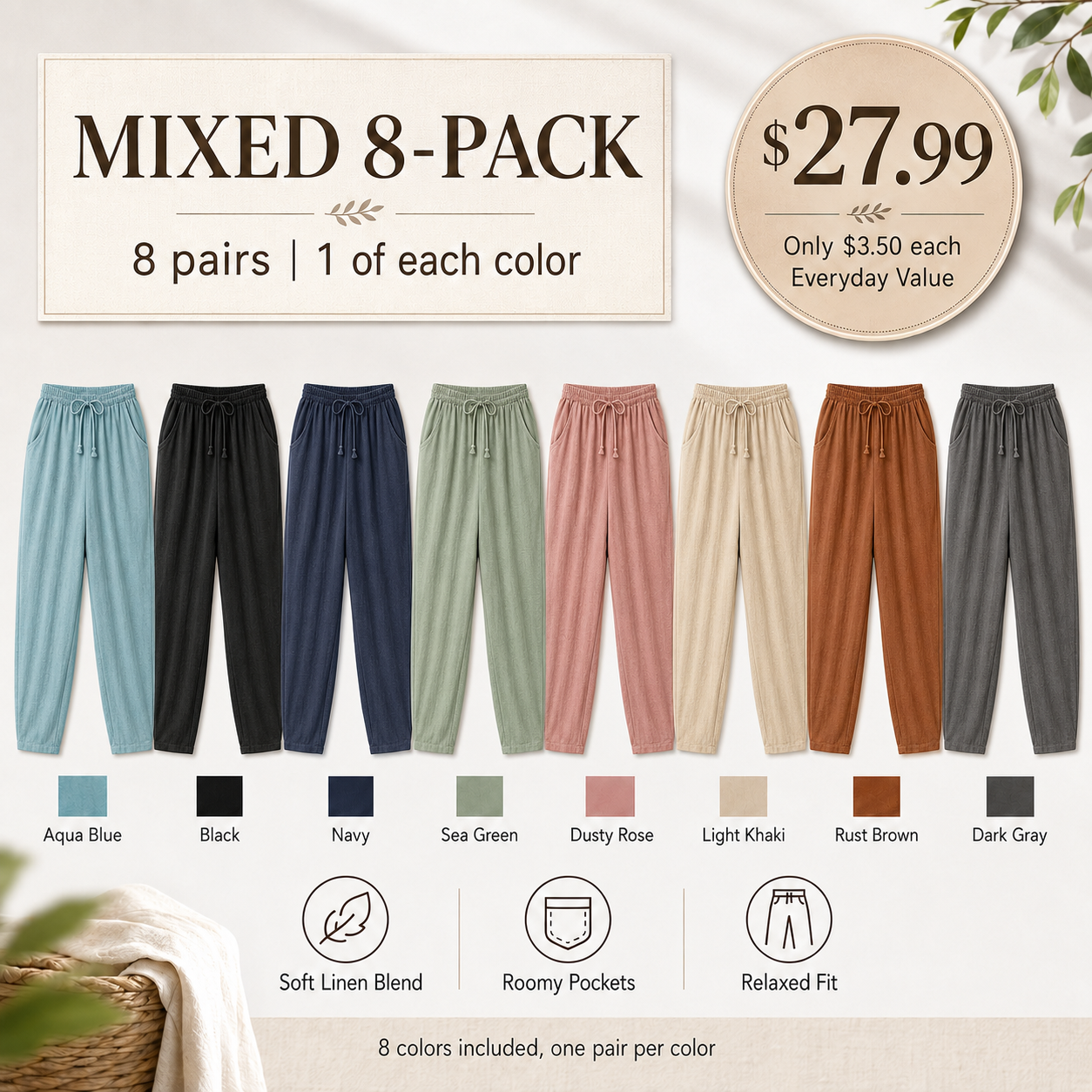 Mixed 8-Pack linen blend wide leg palazzo pants bundle