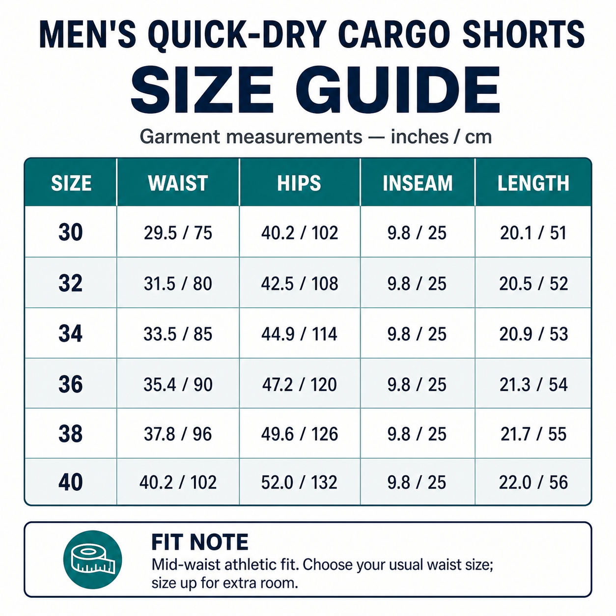 Men's quick-dry cargo shorts size guide