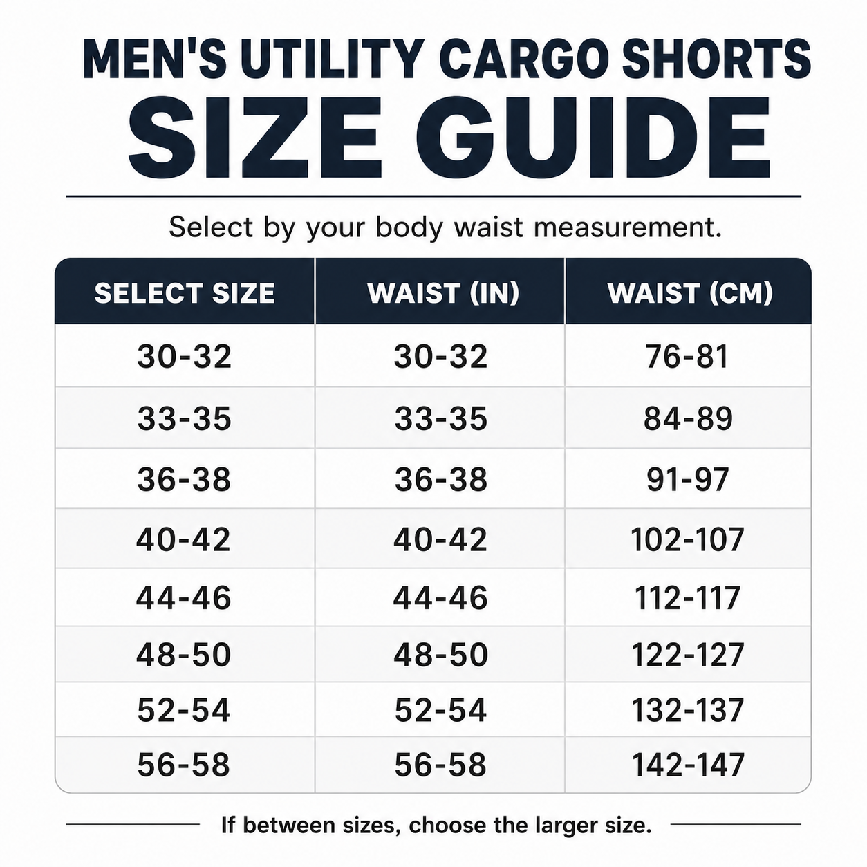 Men's utility cargo shorts numeric waist size guide
