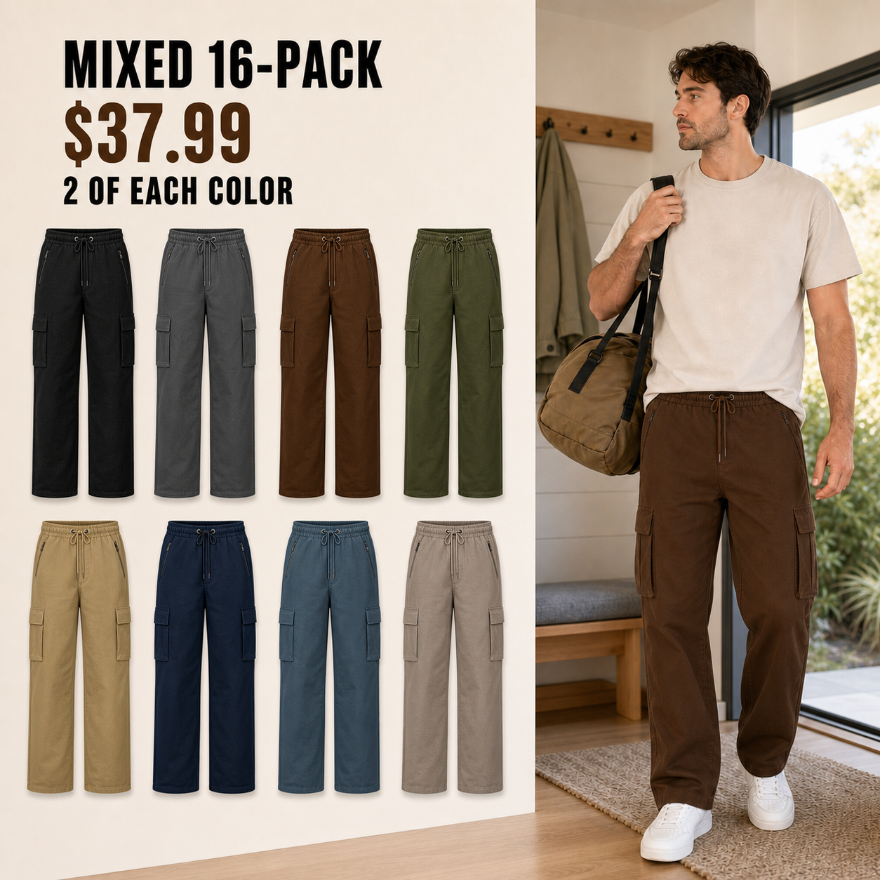 Mixed 16-Pack cargo pants with two of each fixed color