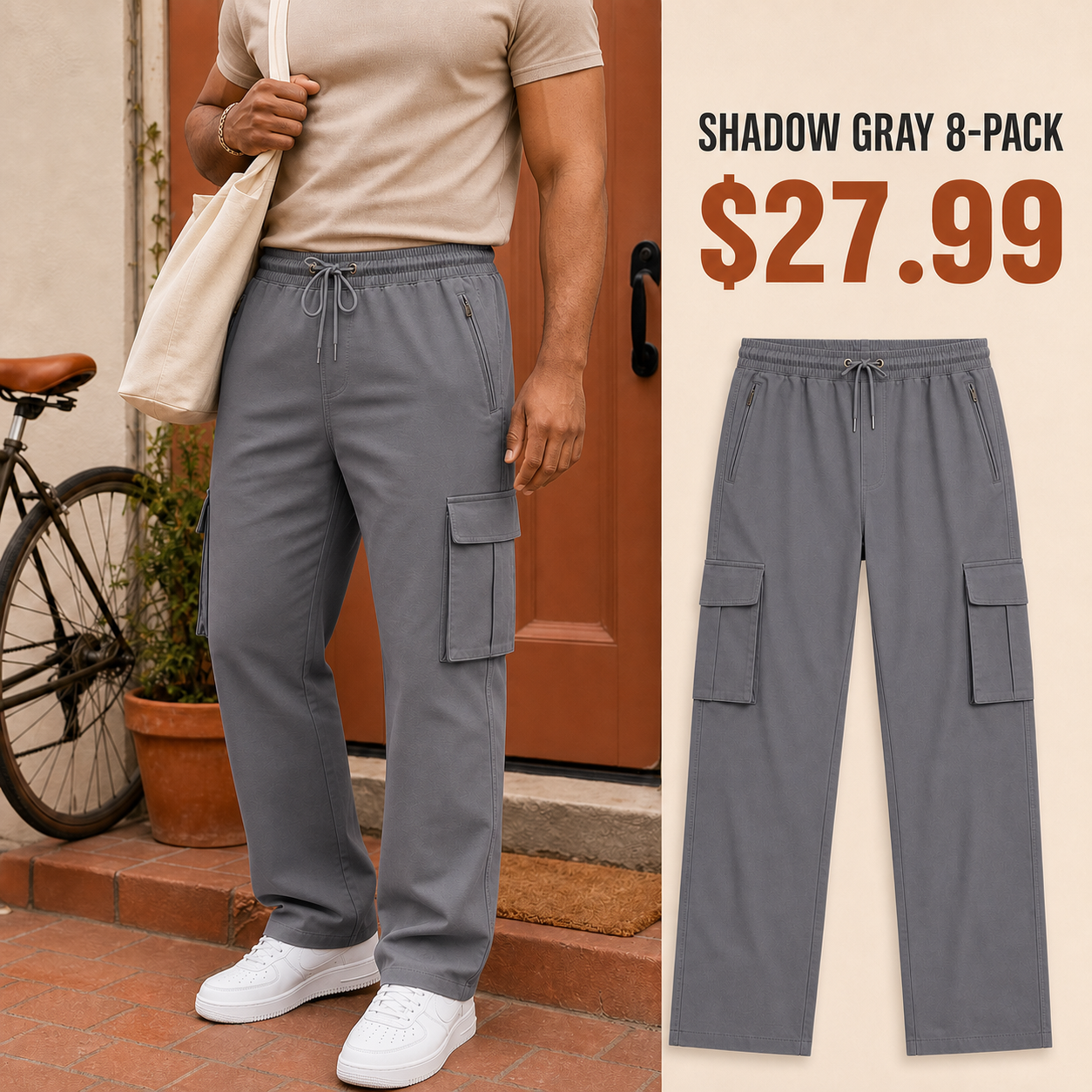 Shadow Gray cargo pants 8-Pack in a contrasting commute scene