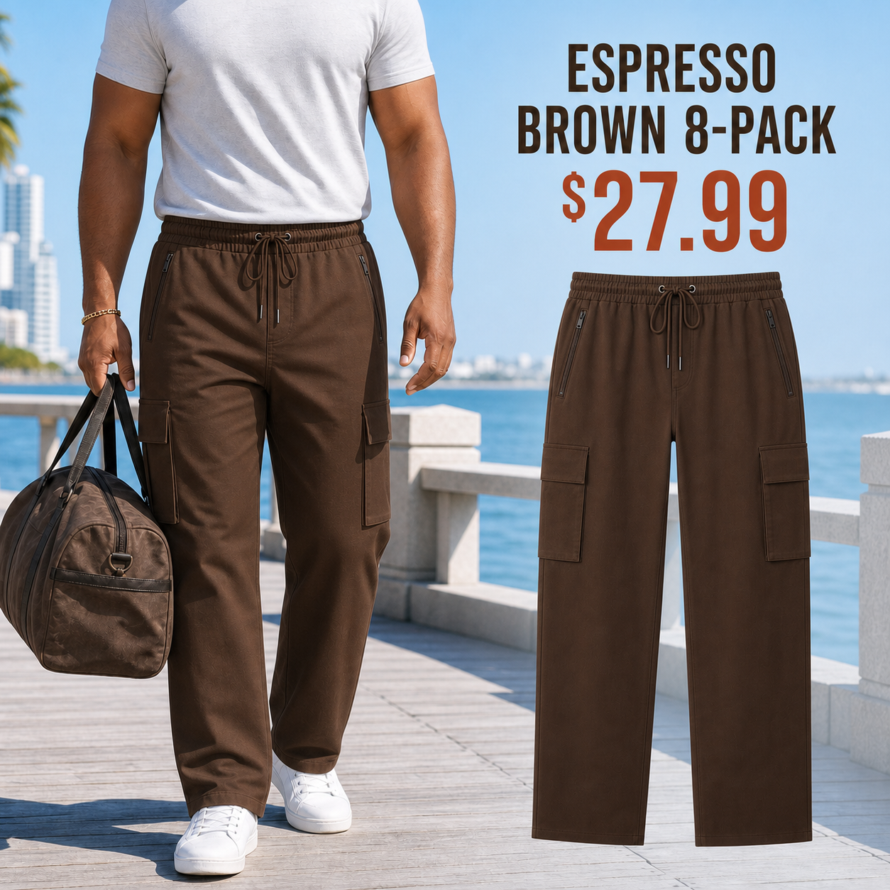 Espresso Brown cargo pants 8-Pack in a waterfront scene