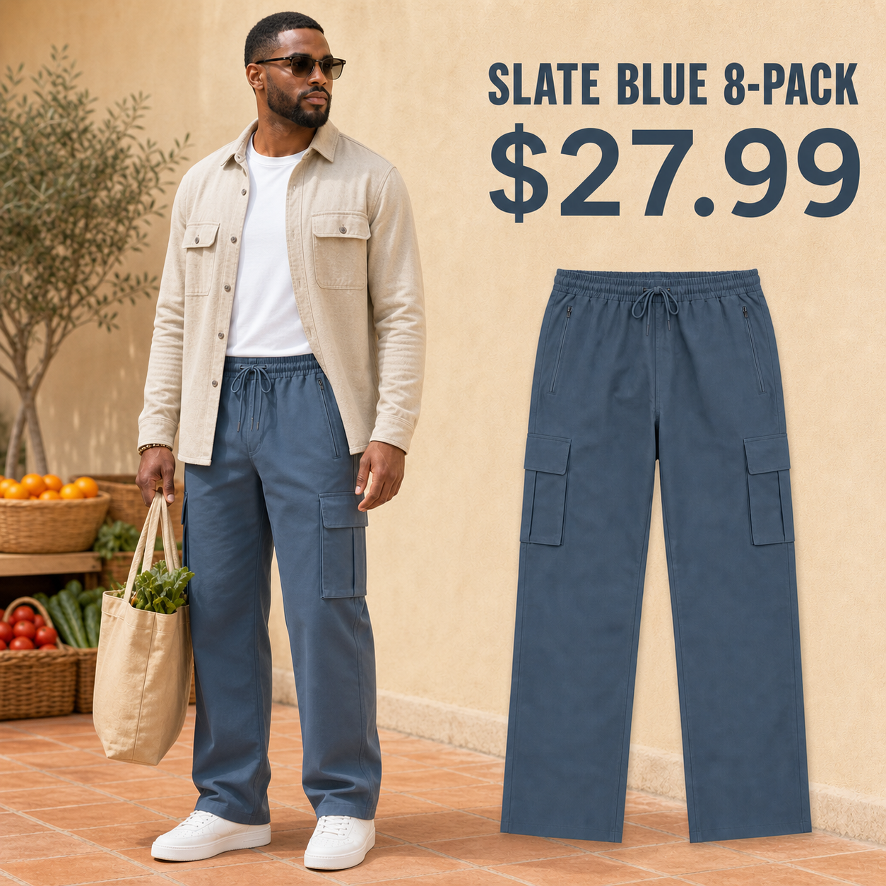 Slate Blue cargo pants 8-Pack in a weekend market scene