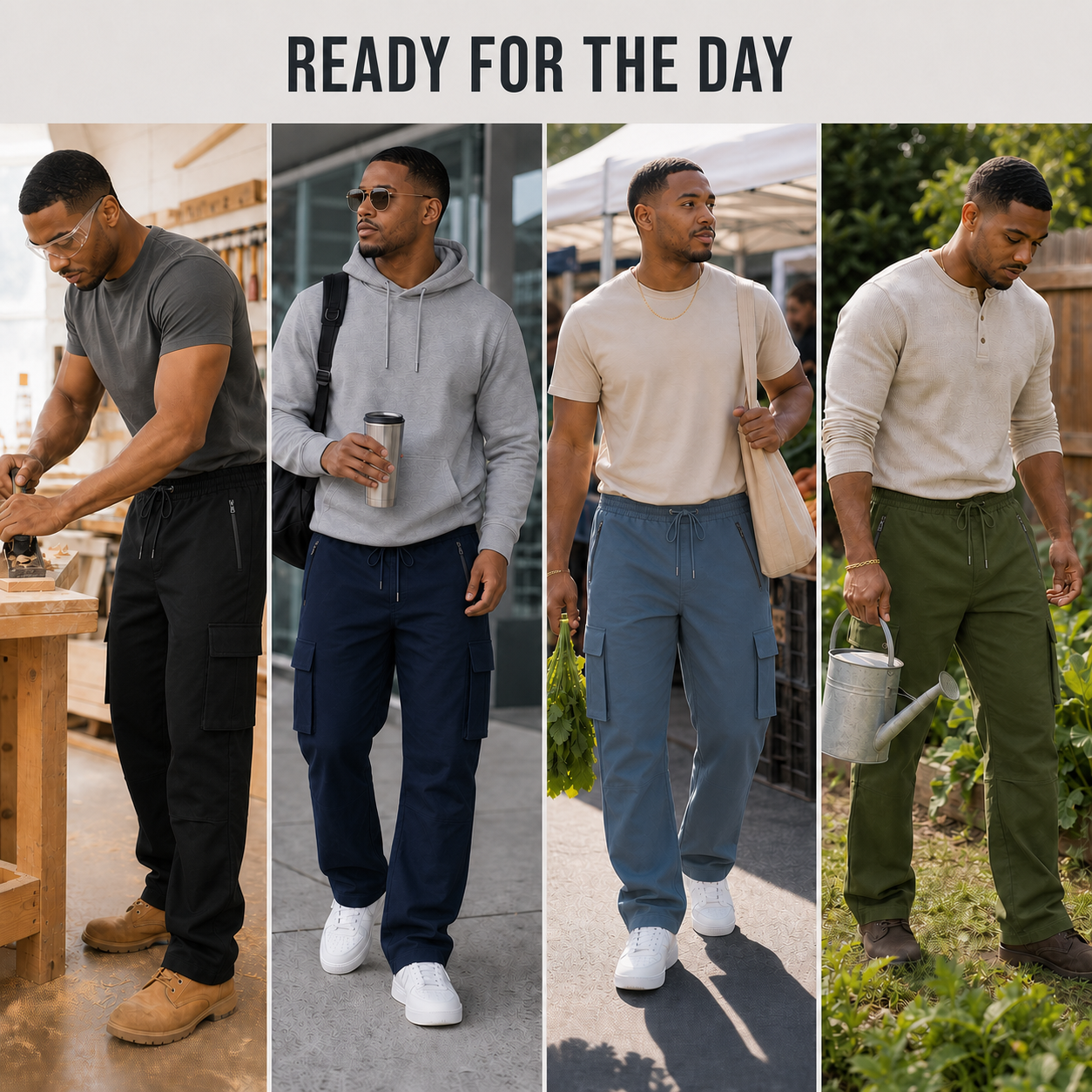 Cargo pants shown through workshop, commute, market and garden moments