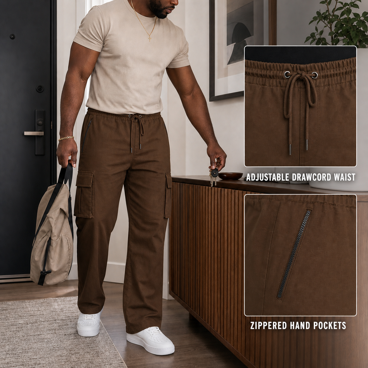 Gathered drawcord waistband and subtle zip hand-pocket details
