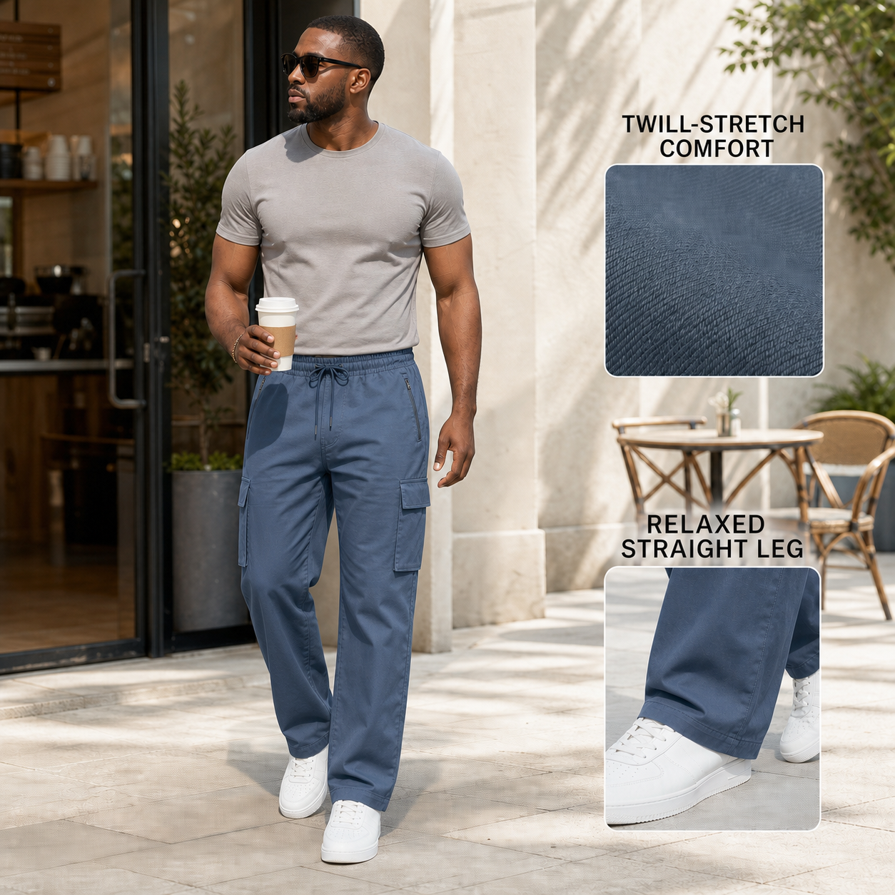 Twill texture and relaxed straight open-leg details