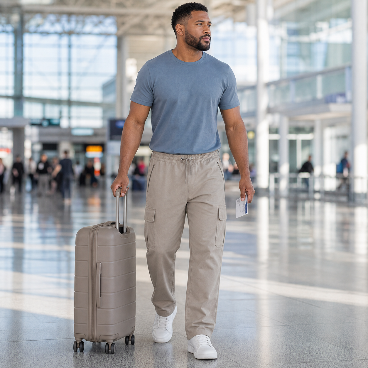 Sandstone Khaki cargo pants at a bright travel curbside