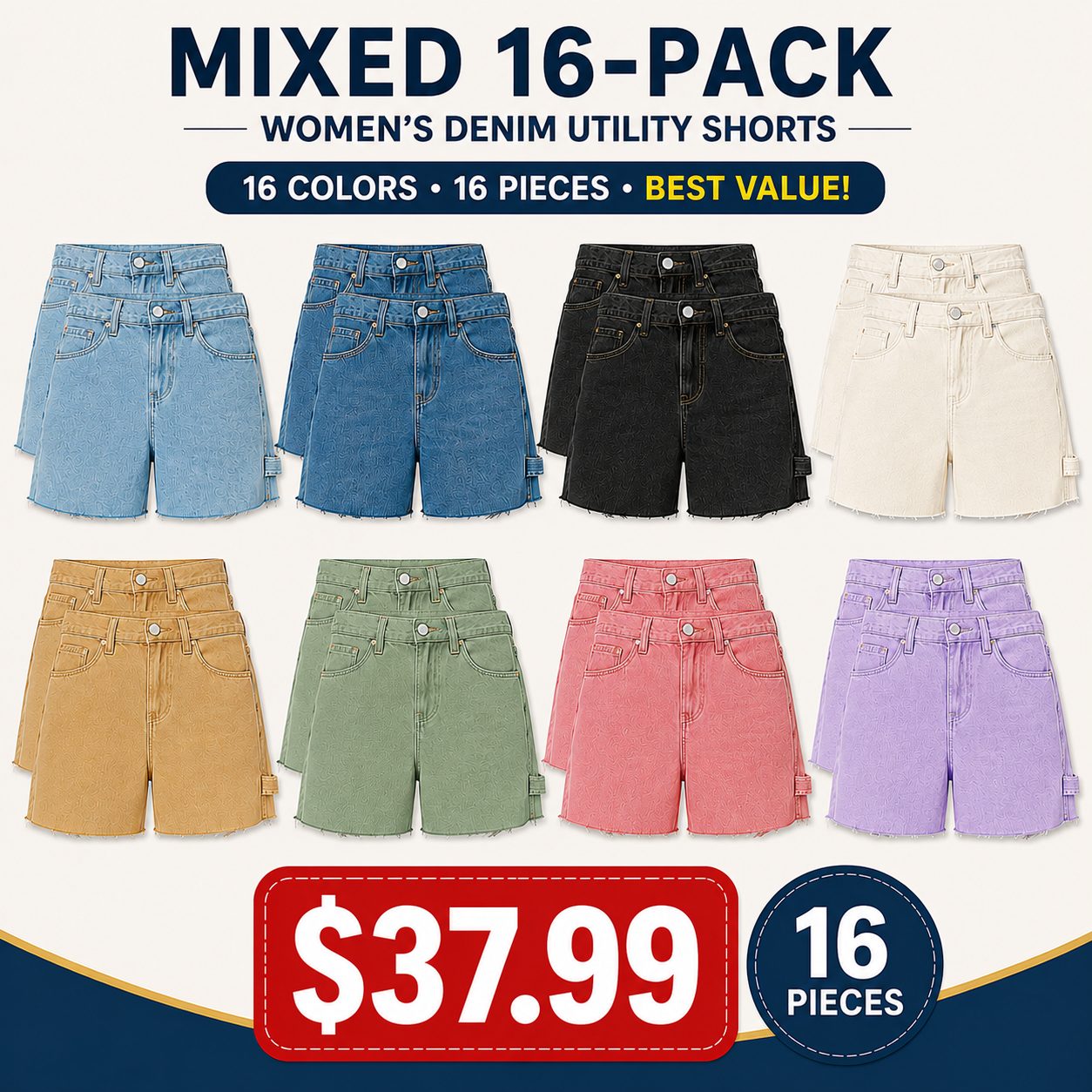 Mixed 16-Pack women’s low-rise carpenter denim utility shorts