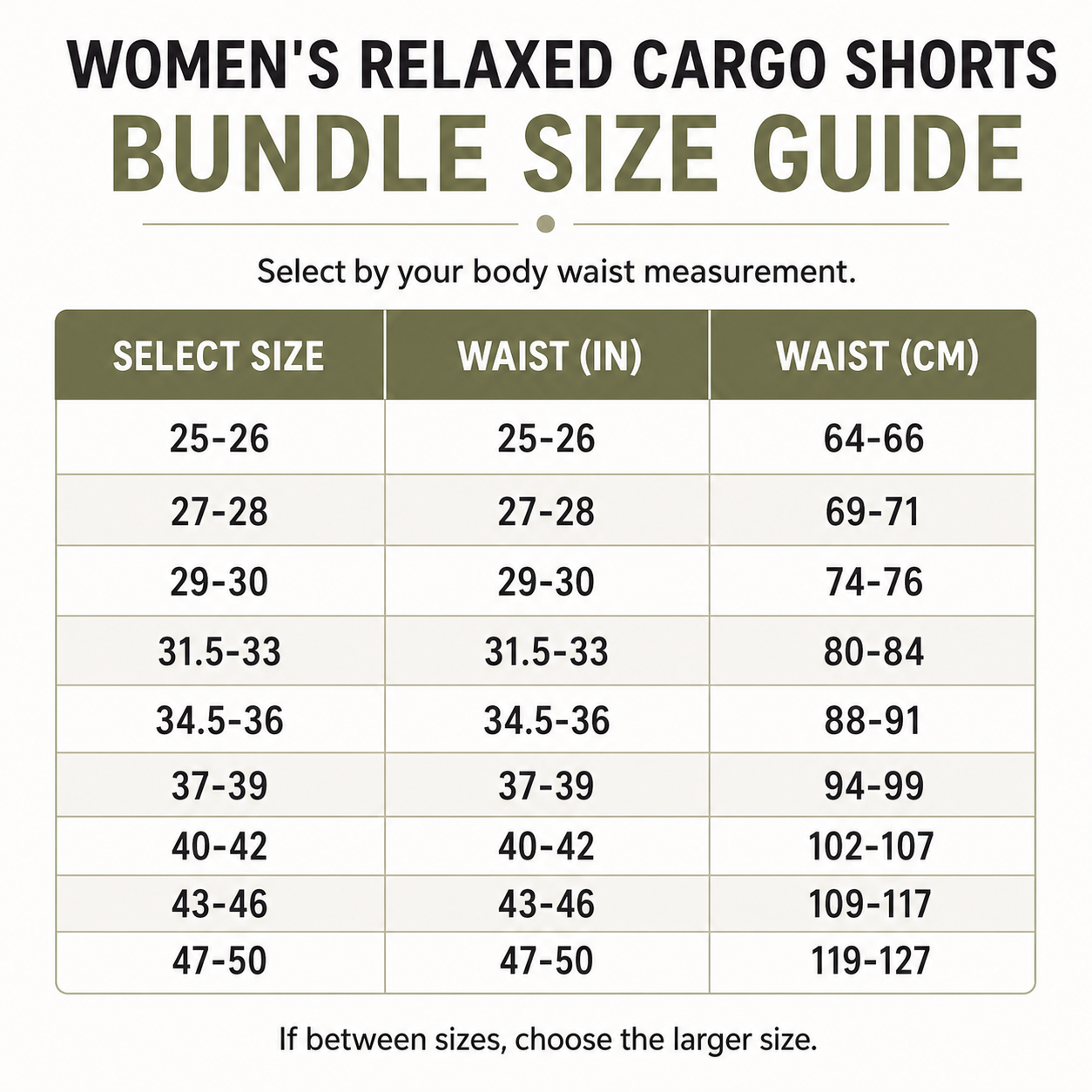 Women's relaxed cargo shorts bundle numeric waist size guide