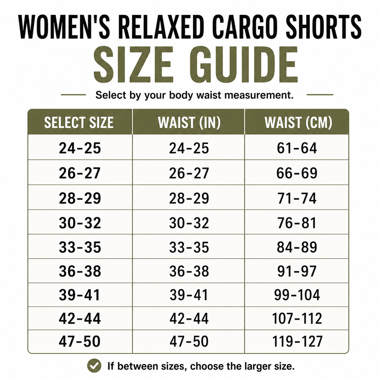 Women's relaxed cargo shorts numeric waist size guide