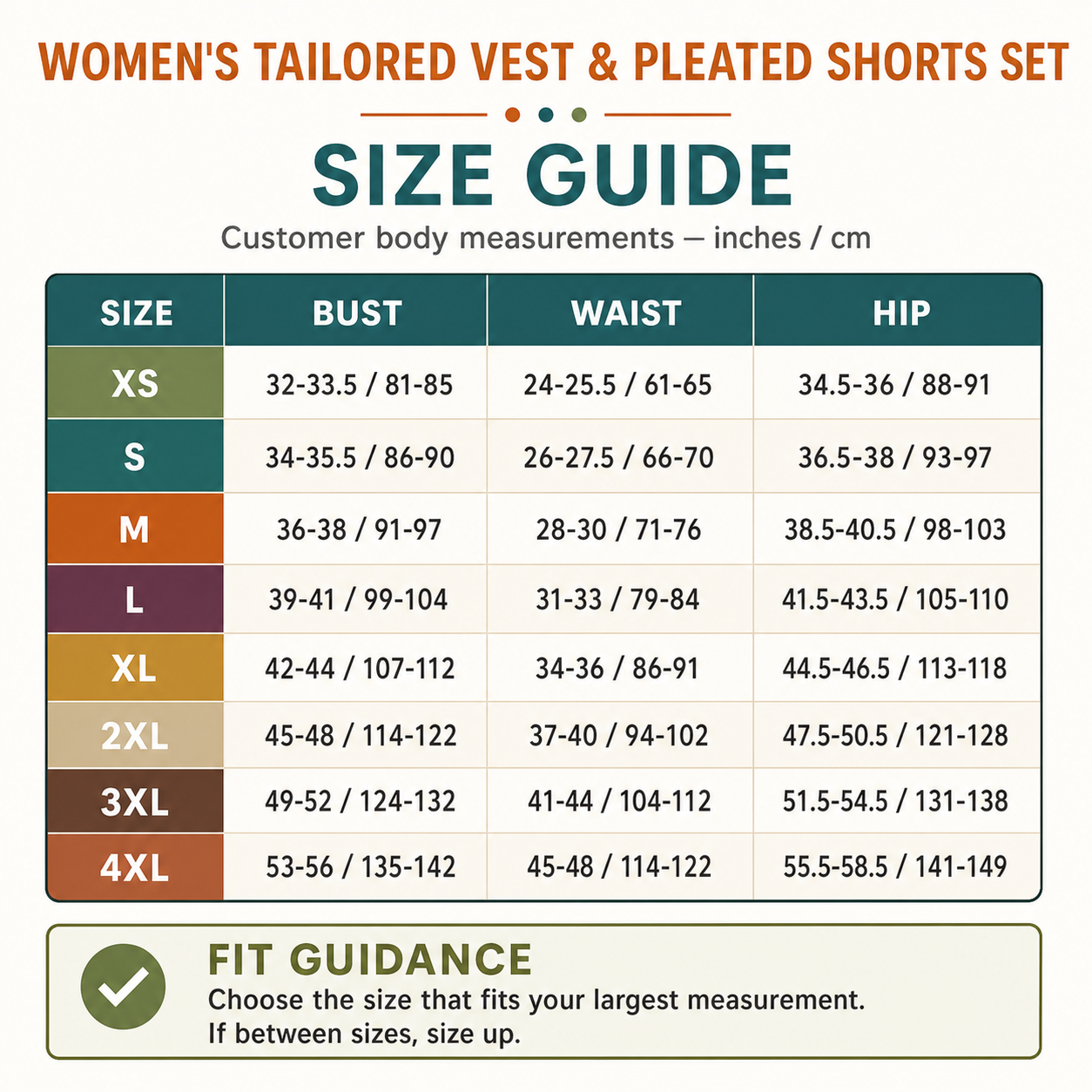 Women's tailored vest and pleated shorts set size guide
