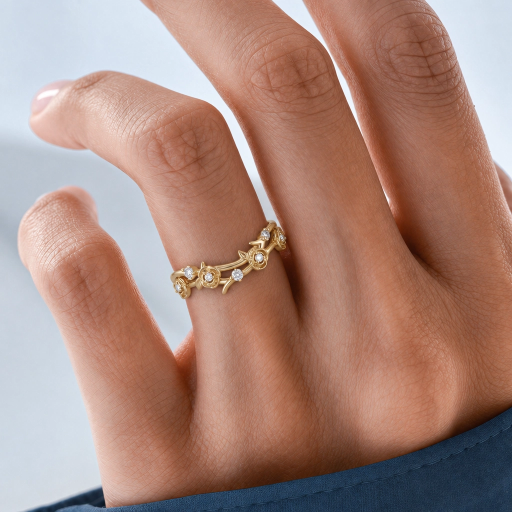 Round Cut Lab Grown Diamond Vine-Inspired Wedding Band in Yellow Gold