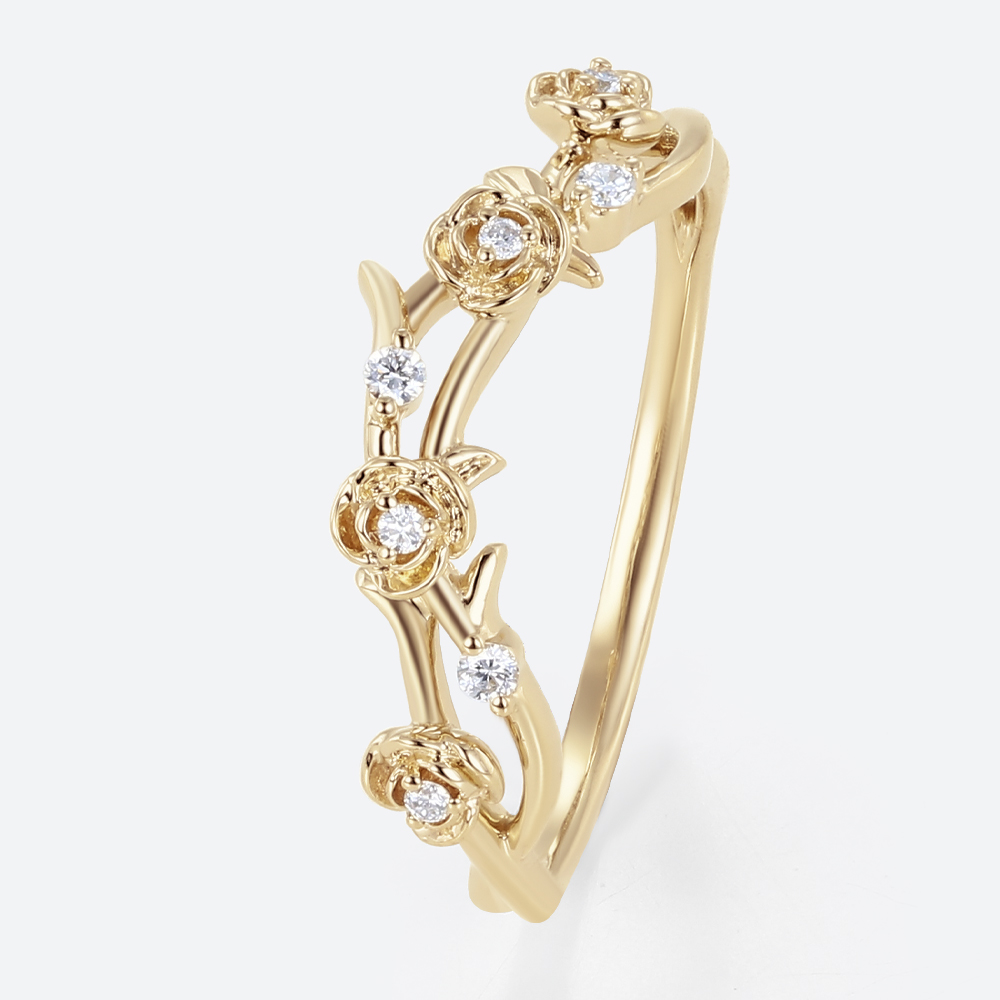 Round Lab Diamond Wedding Bands​ Vine-Inspired Stacking Ring in Yellow Gold