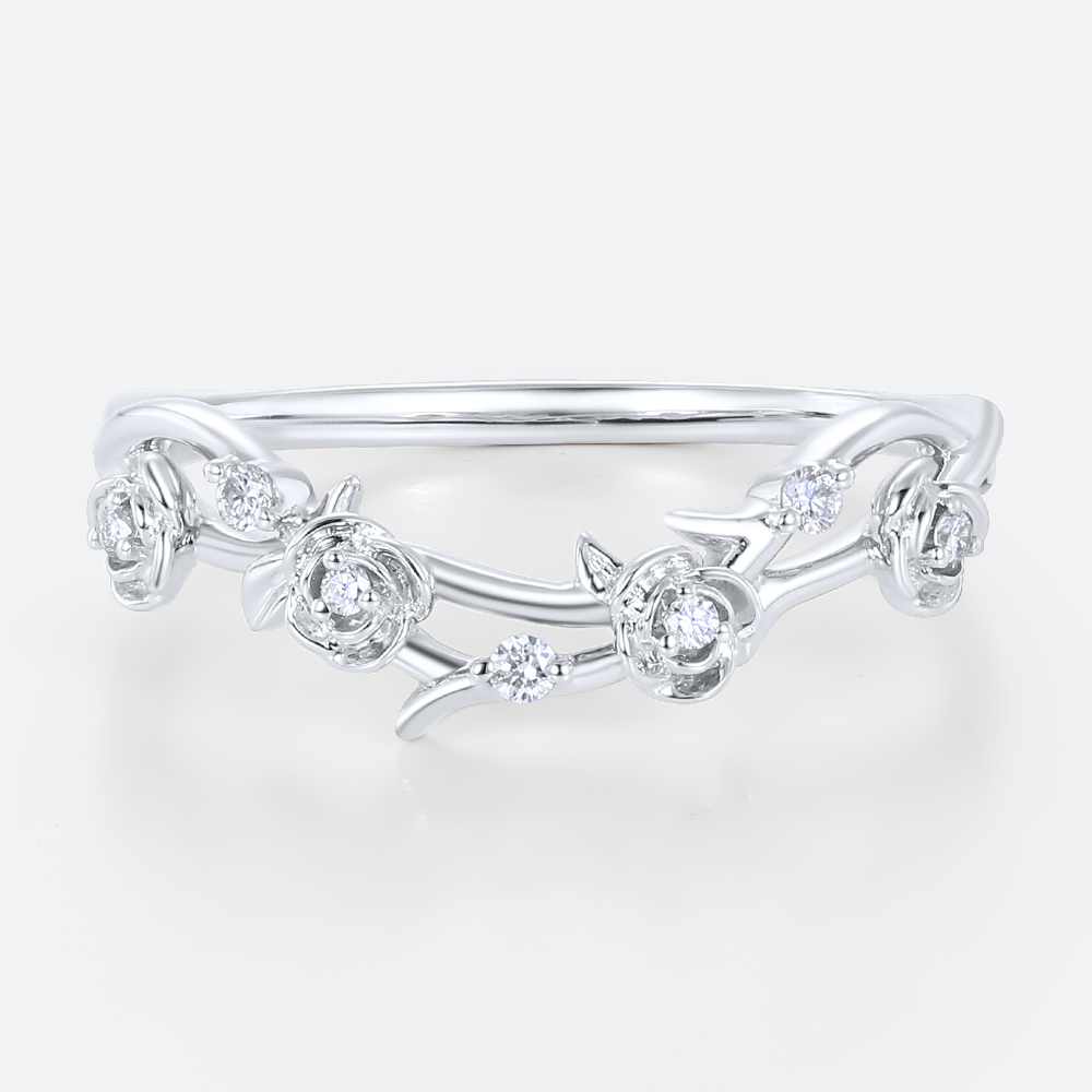 Round Lab Diamond Wedding Bands​ Vine-Inspired Stacking Ring in White Gold