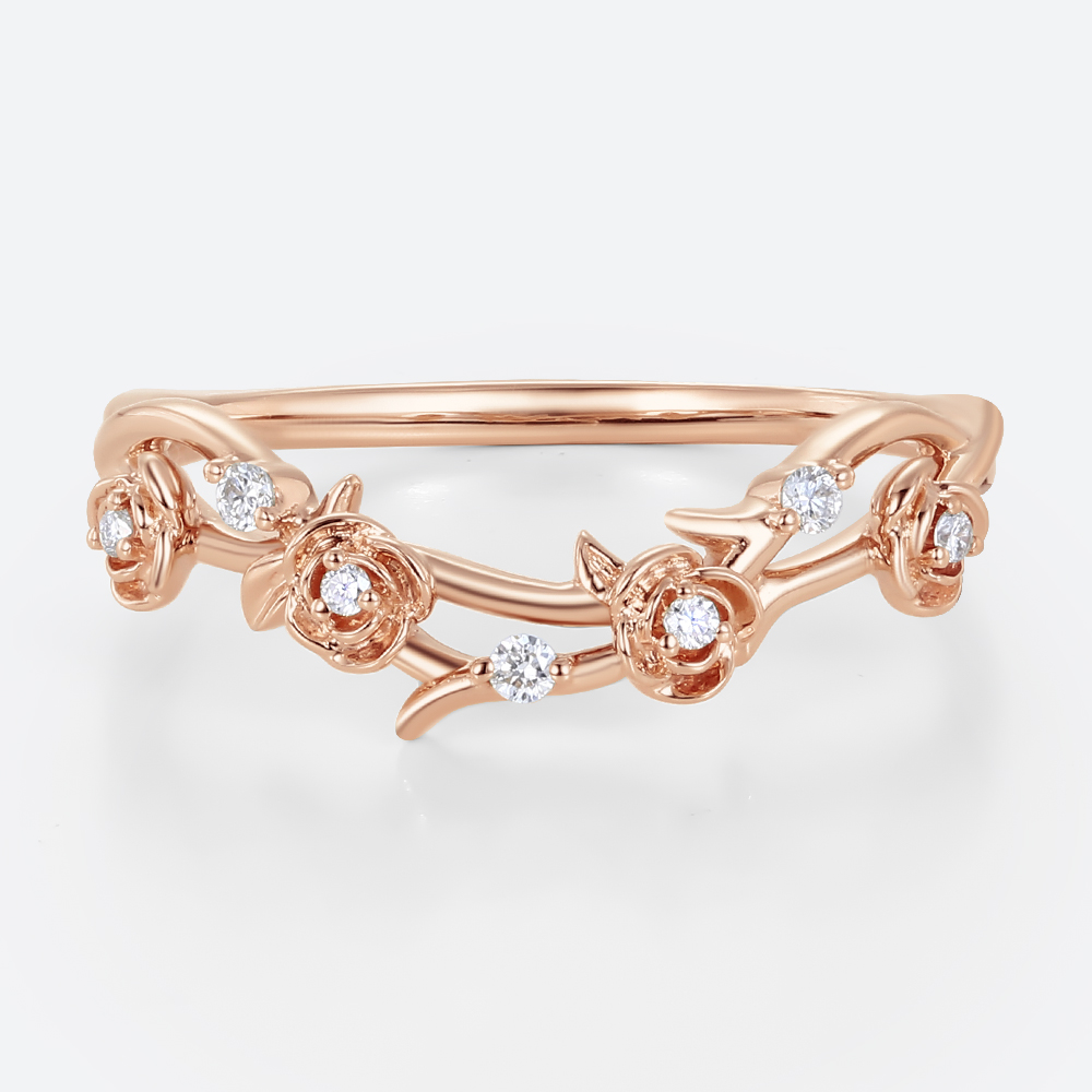 Round Lab Diamond Wedding Bands​ Vine-Inspired Stacking Ring in Rose Gold