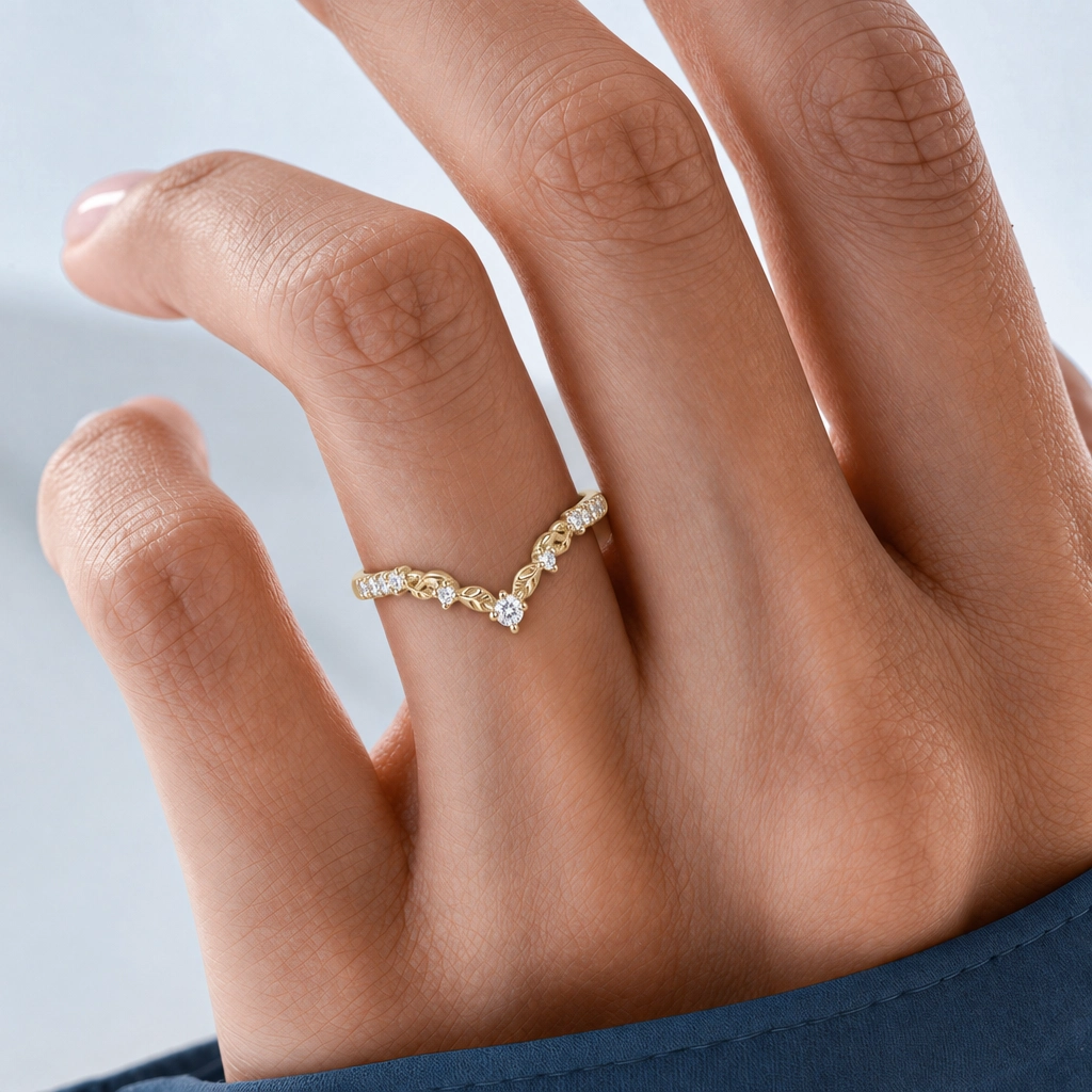 Round Cut Lab Grown Diamond V-Shaped Leaf Wedding Band in Yellow Gold