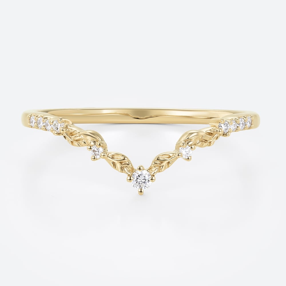Round Cut Lab Diamond Curved Ring​ V-Shaped Leaf Wedding Band in Yellow Gold