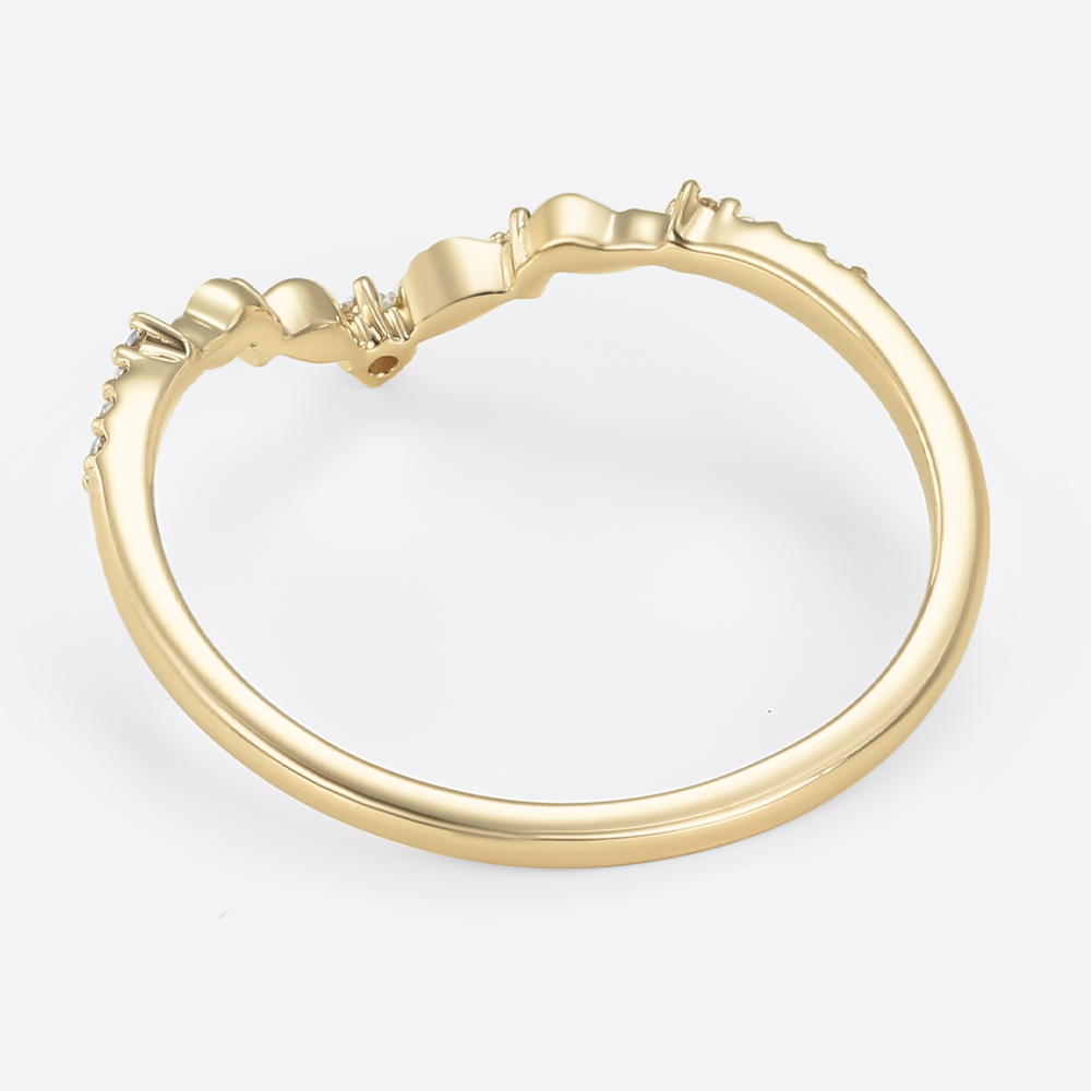 Round Cut Lab Diamond Curved Ring​ V-Shaped Leaf Wedding Band in Yellow Gold