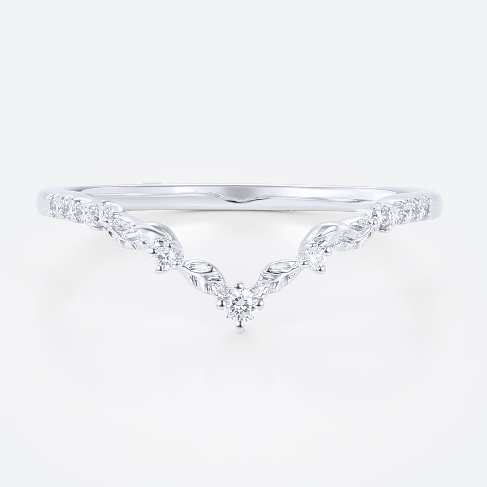 Round Cut Lab Diamond Curved Ring​ V-Shaped Leaf Wedding Band in White Gold