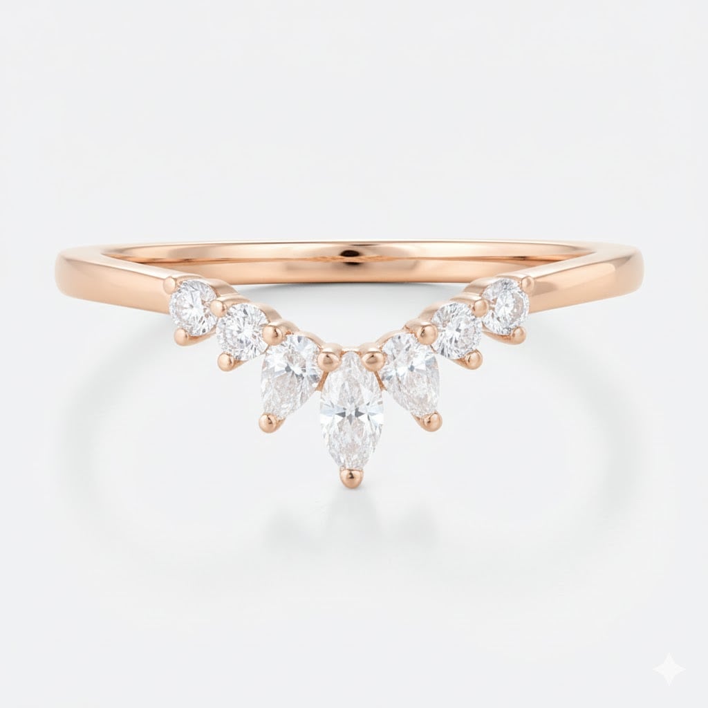 0.27ct Curved Lab Diamond Ring​ Multi-cut Stacked Wedding Rings in Rose Gold