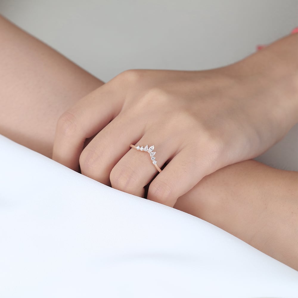0.27ct Curved Lab Diamond Ring​ Multi-cut Stacked Wedding Rings in Rose Gold