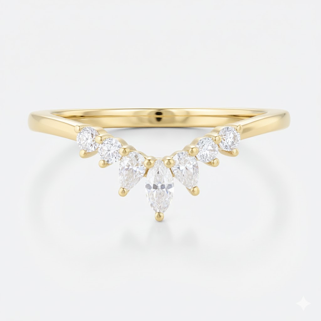 0.27ct Curved Lab Diamond Ring​ Multi-cut Stacked Wedding Rings in Yellow Gold