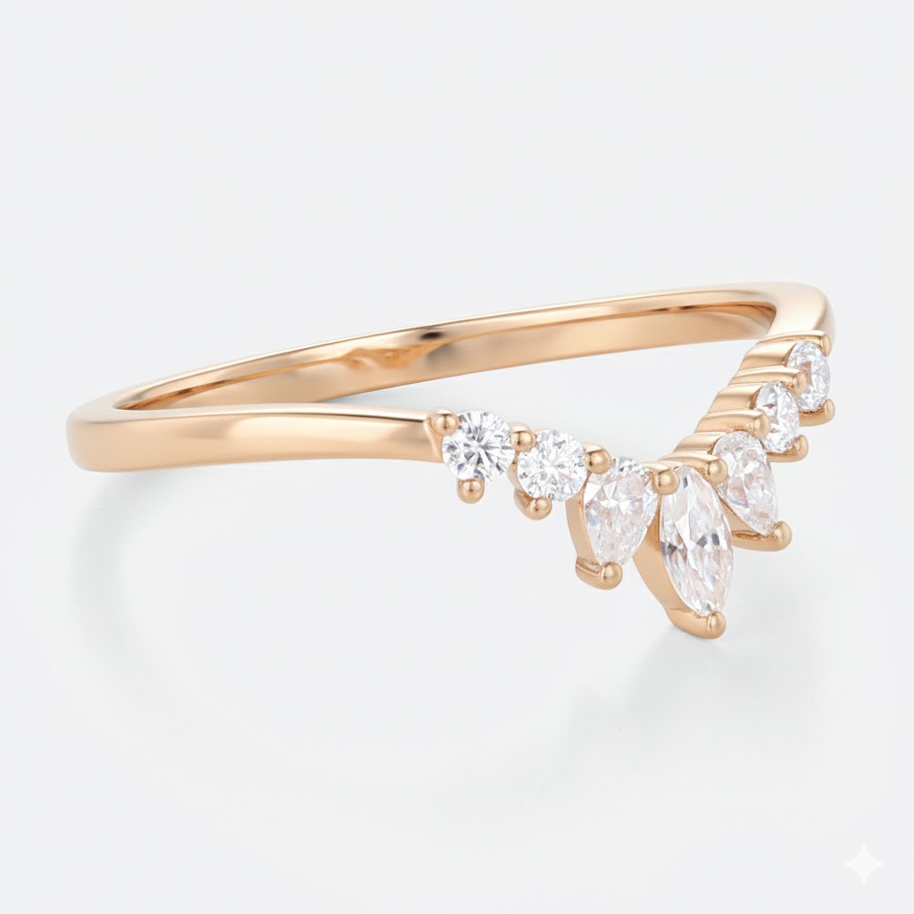 0.27ct Curved Lab Diamond Ring​ Multi-cut Stacked Wedding Rings in Rose Gold
