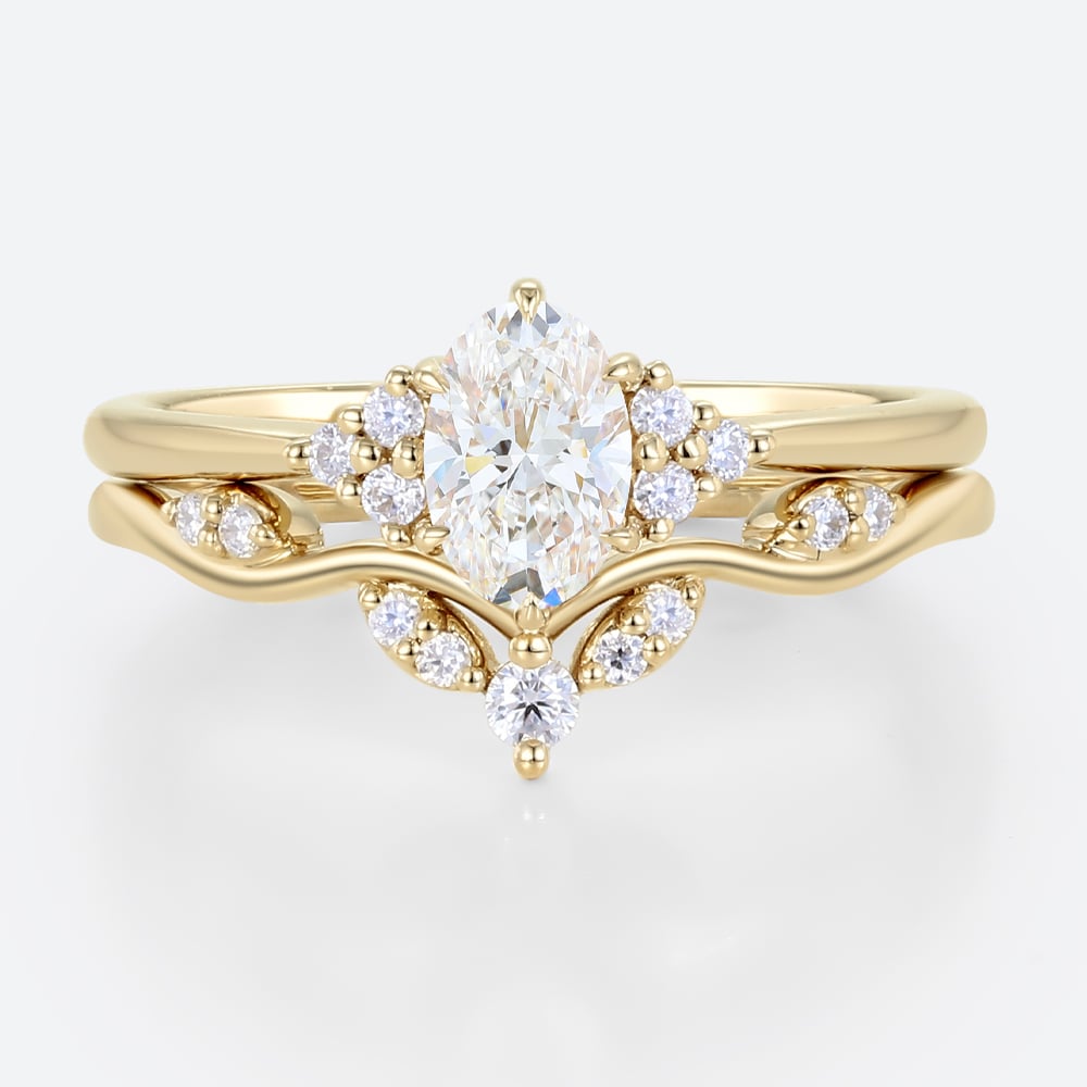0.5ct Oval Lab Grown Diamond Ring​ Set Romantic Elegant 6 Claw Prong Engagement Ring Set in Yellow Gold