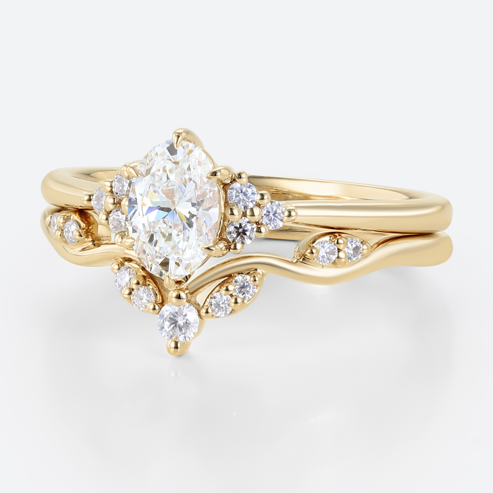 0.5ct Oval Lab Grown Diamond Ring​ Set Romantic Elegant 6 Claw Prong Engagement Ring Set in Yellow Gold