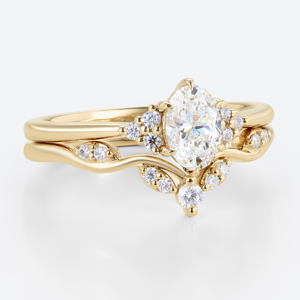 0.5ct Oval Lab Grown Diamond Ring​ Set Romantic Elegant 6 Claw Prong Engagement Ring Set in Yellow Gold