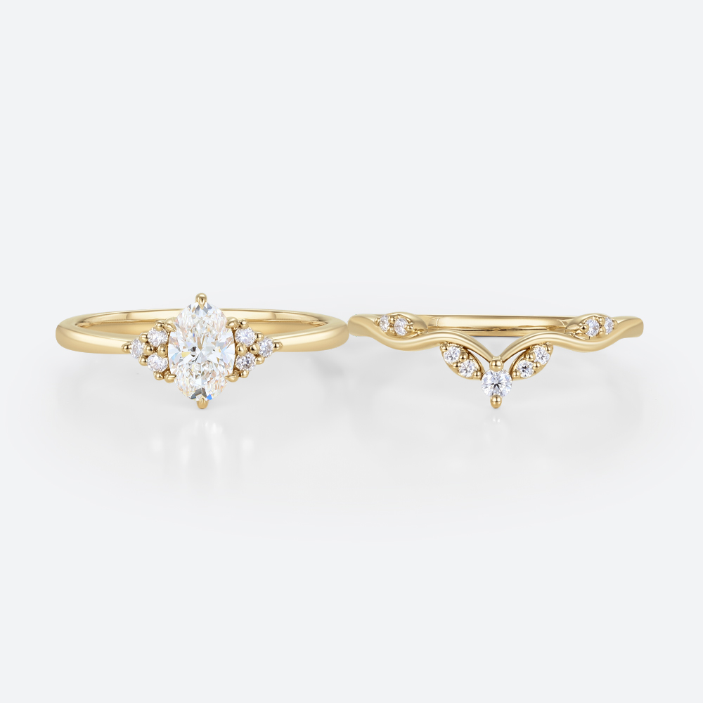 0.5ct Oval Lab Grown Diamond Ring​ Set Romantic Elegant 6 Claw Prong Engagement Ring Set in Yellow Gold