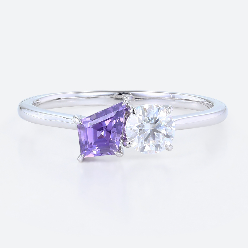 Toi Et Moi Engagement Ring Round Lab Diamond with Kite Purple Sapphire Ring in White Gold