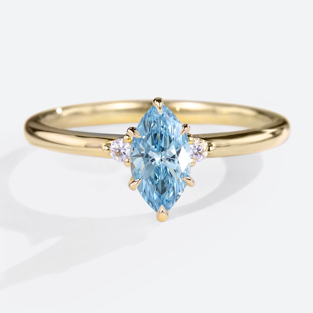 0.5ct Lab Blue Diamond Engagement Rings Marquise Cut Three Stone Ring in Yellow Gold