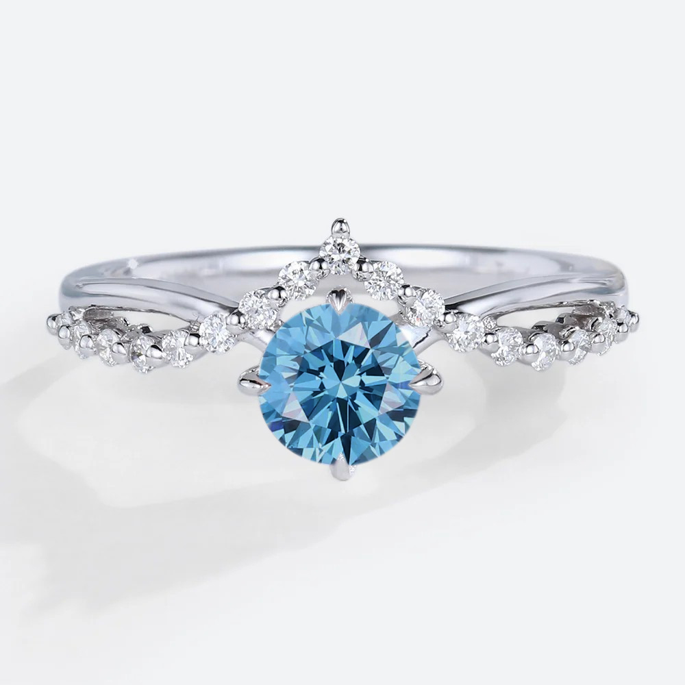 Round Cut Lab Blue Diamond Ring 0.5ct Tiara 4 Claw Prong Engagement Ring in White Gold