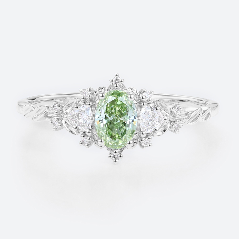 0.5ct Lab Green Diamond Ring Oval Cut Fancy Green Leaf-Inspired 4-Prong Engagement Ring in White Gold