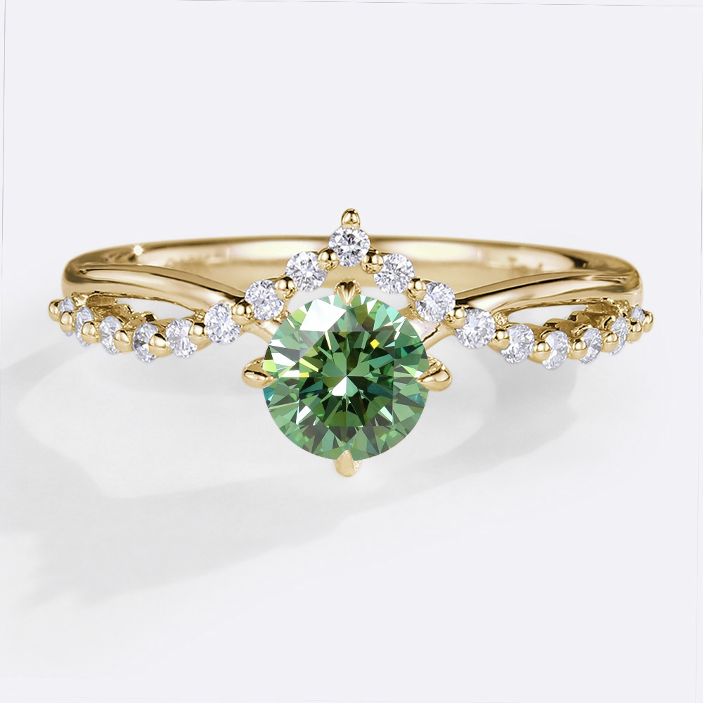 Round Lab Green Diamond Ring 0.5ct Chevron 4 Claw Prong Engagement Ring in Yellow Gold